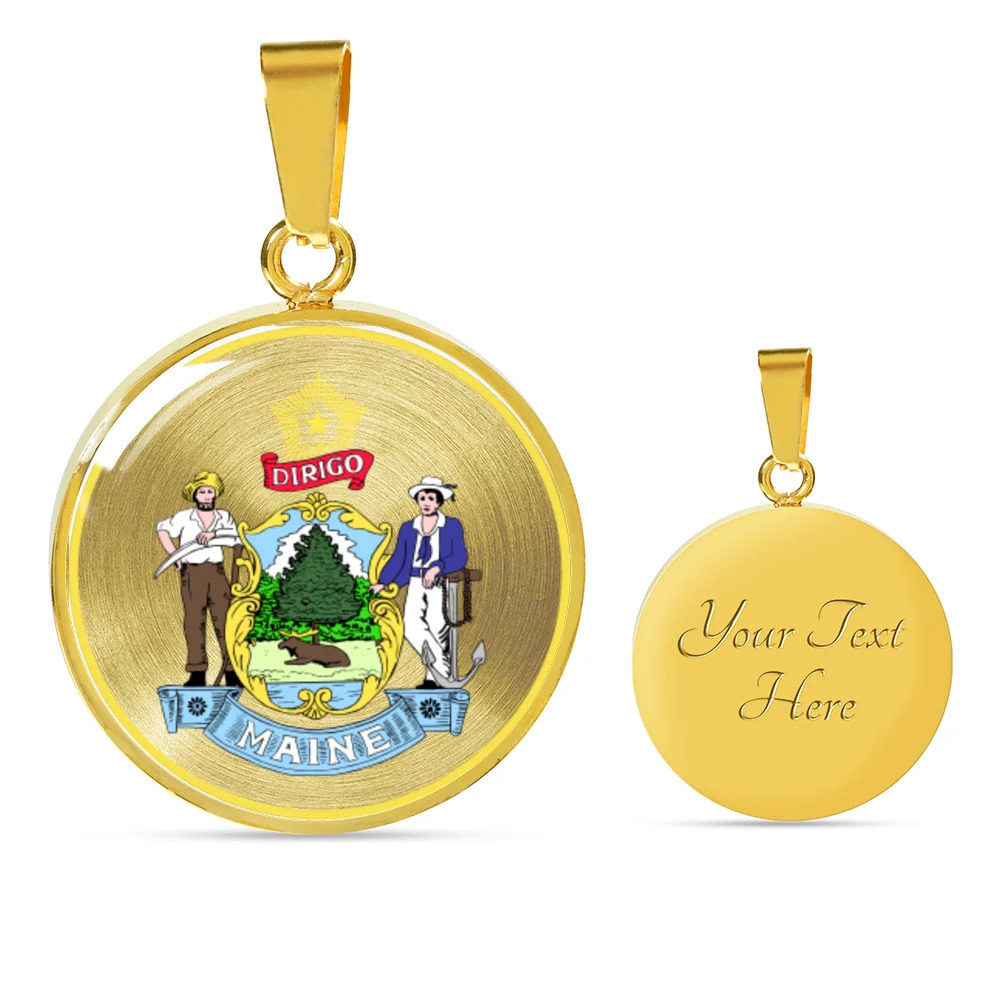 Maine State Seal Personalized Engraved Gold Circle Necklace Custom Name Date Gi